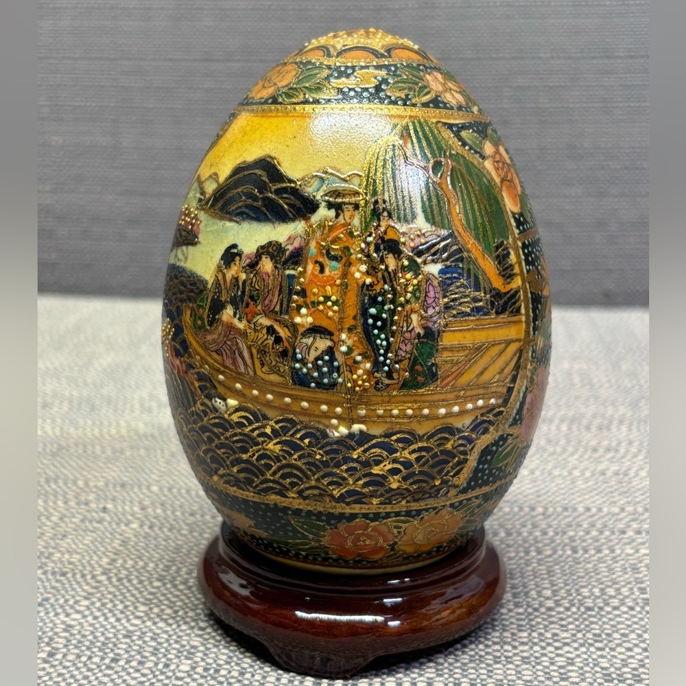Satsuma Style Decorated Ceramic Egg on Pedestal